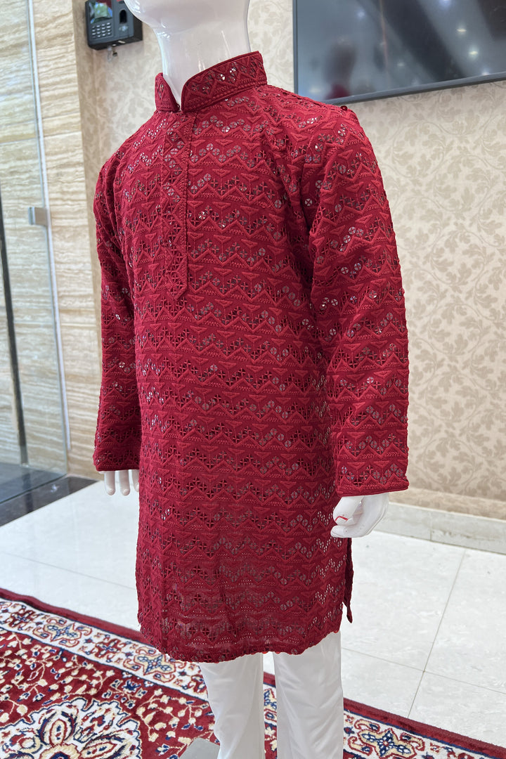 Maroon with White Lucknowi Thread and Sequins work Kurta Set for Boys