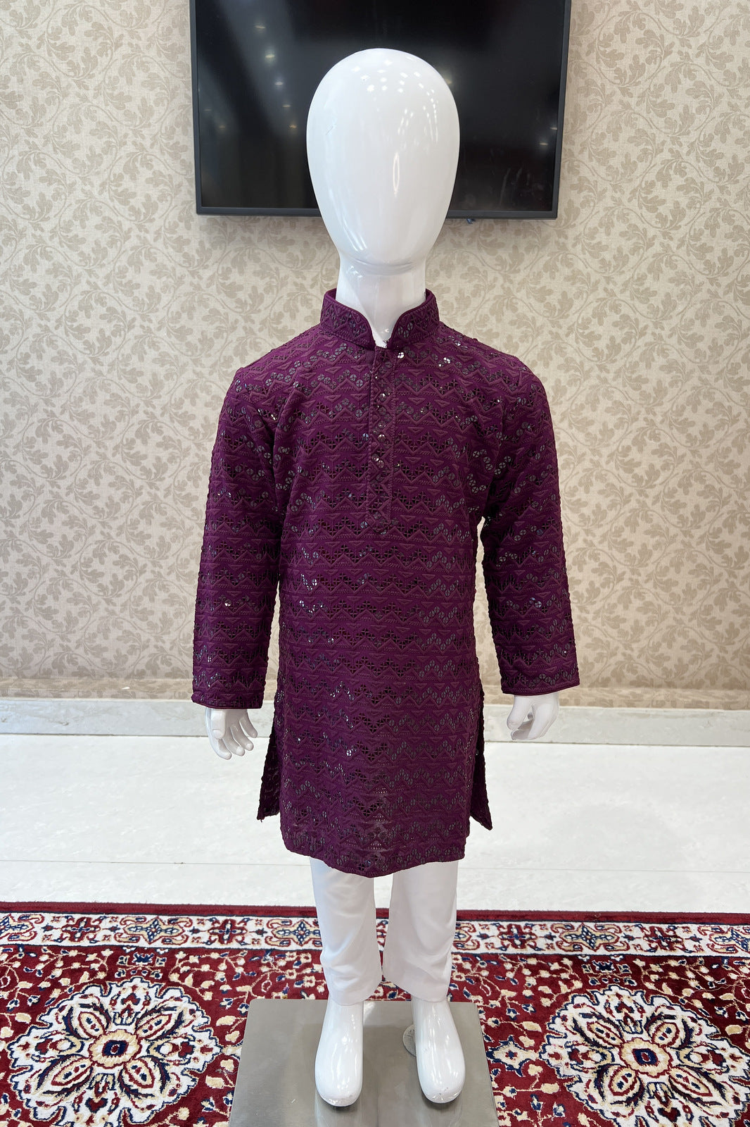 Wine with White Lucknowi Thread and Sequins work Kurta Set for Boys