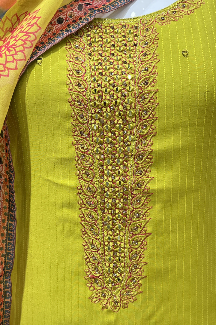 Liril Green Stone, Thread and Mirror work Straight Cut Salwar Suit with Floral Print Dupatta