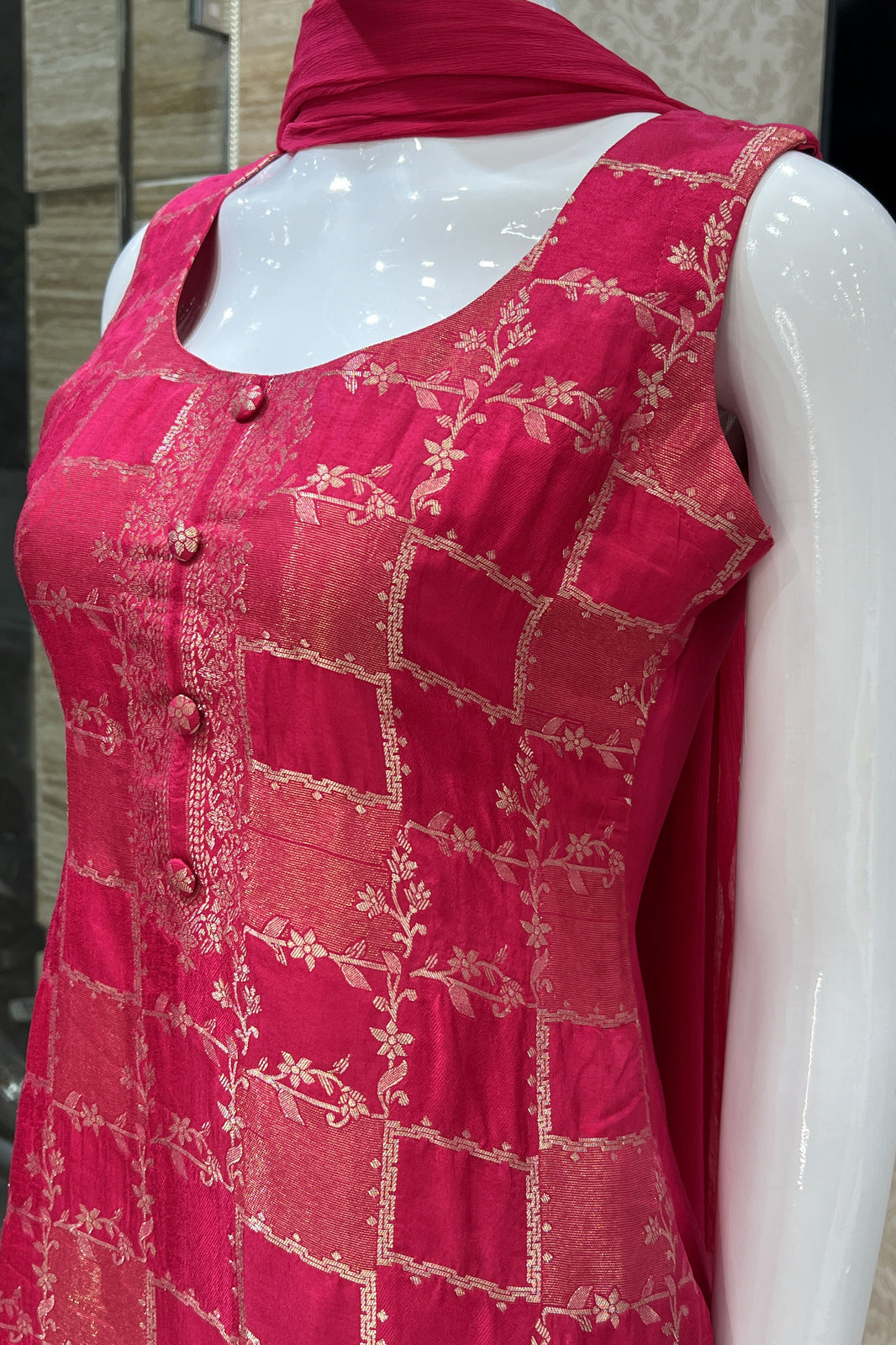 Rani Pink Banaras work Straight Cut Salwar Suit