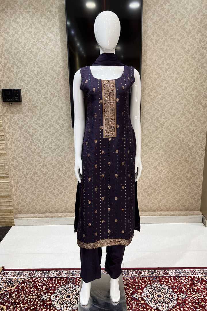 Dark Purple Banaras work Straight Cut Salwar Suit
