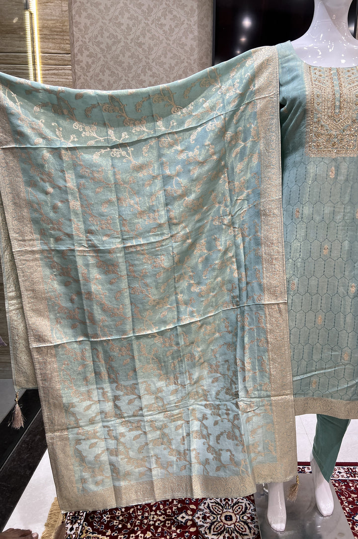 Sea Green Sequins and Zardozi work with Banaras Zari Weaving Straight Cut Salwar Suit