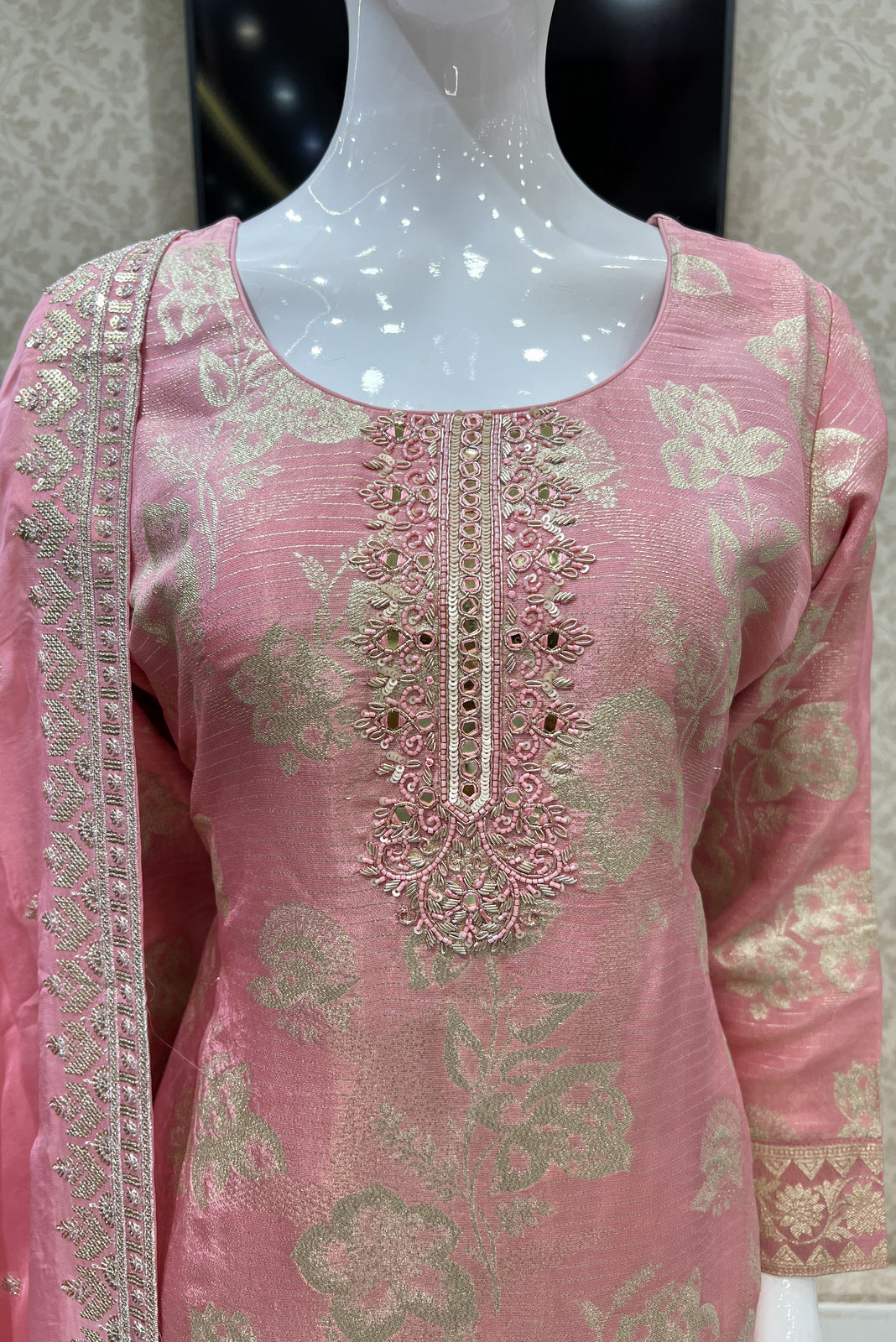 Light Pink Mirror and Sequins work with Banaras Zari Weaving Straight Cut Salwar Suit