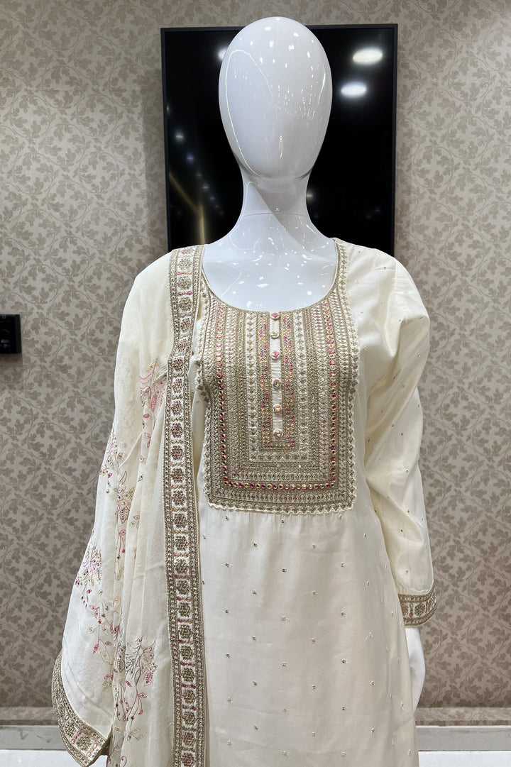 Cream Thread, Zari and Sequins work Straight Cut Salwar Suit