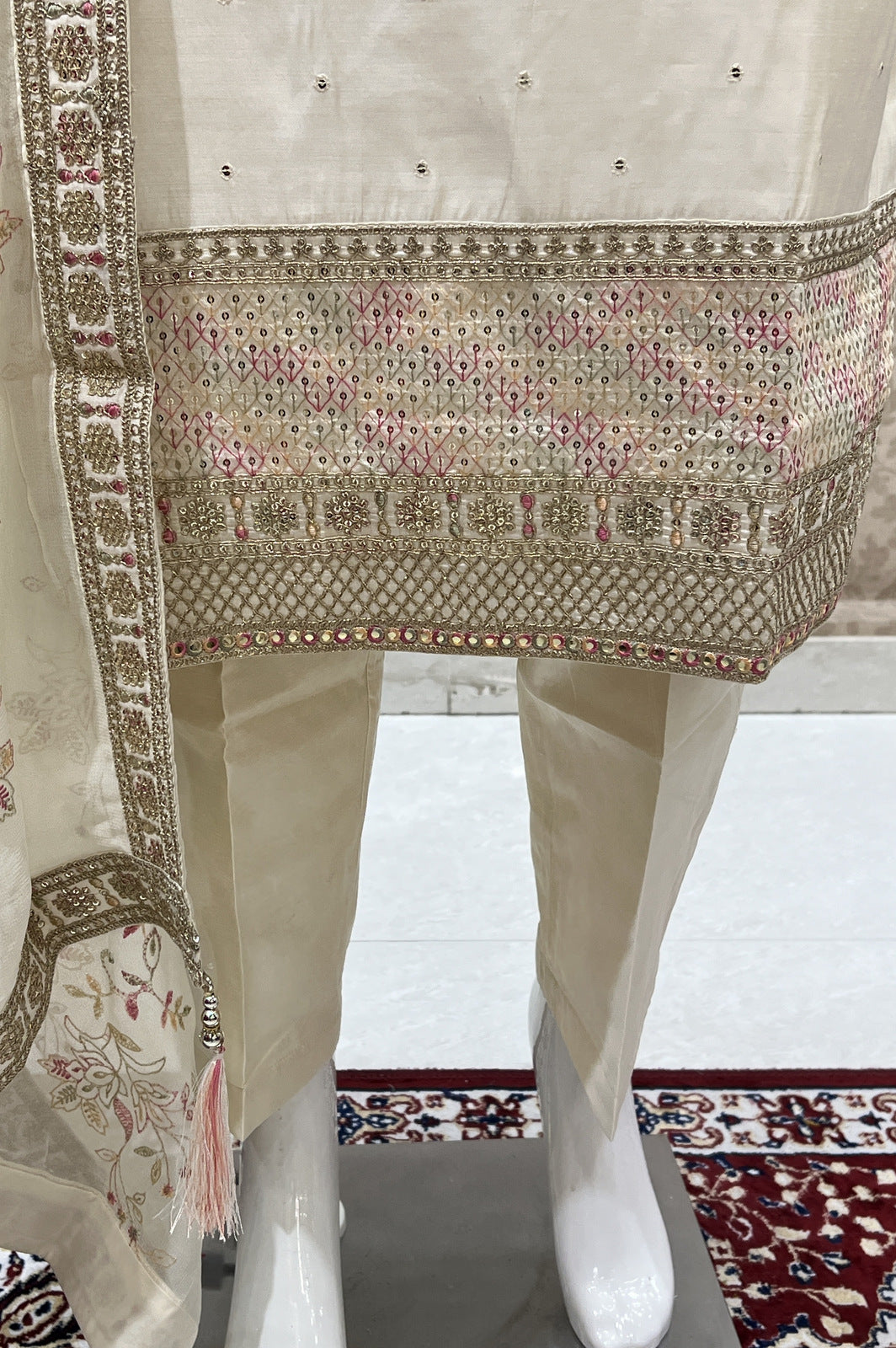 Cream Thread, Zari and Sequins work Straight Cut Salwar Suit