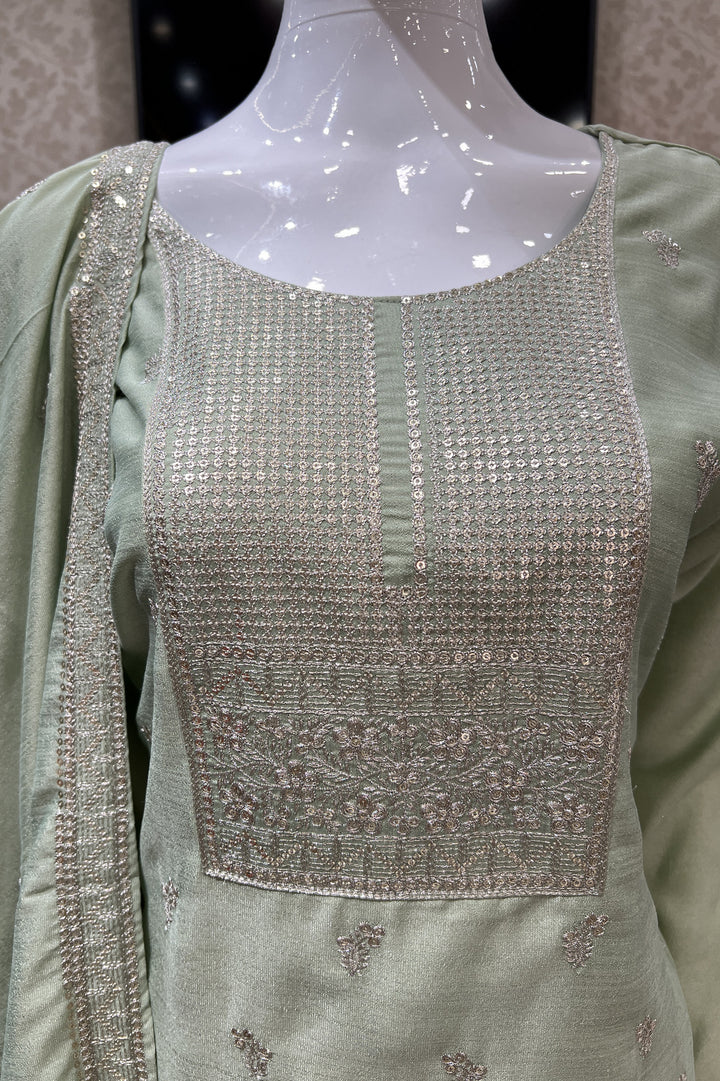 Pista Green Zari, Thread and Sequins work Straight Cut Salwar Suit