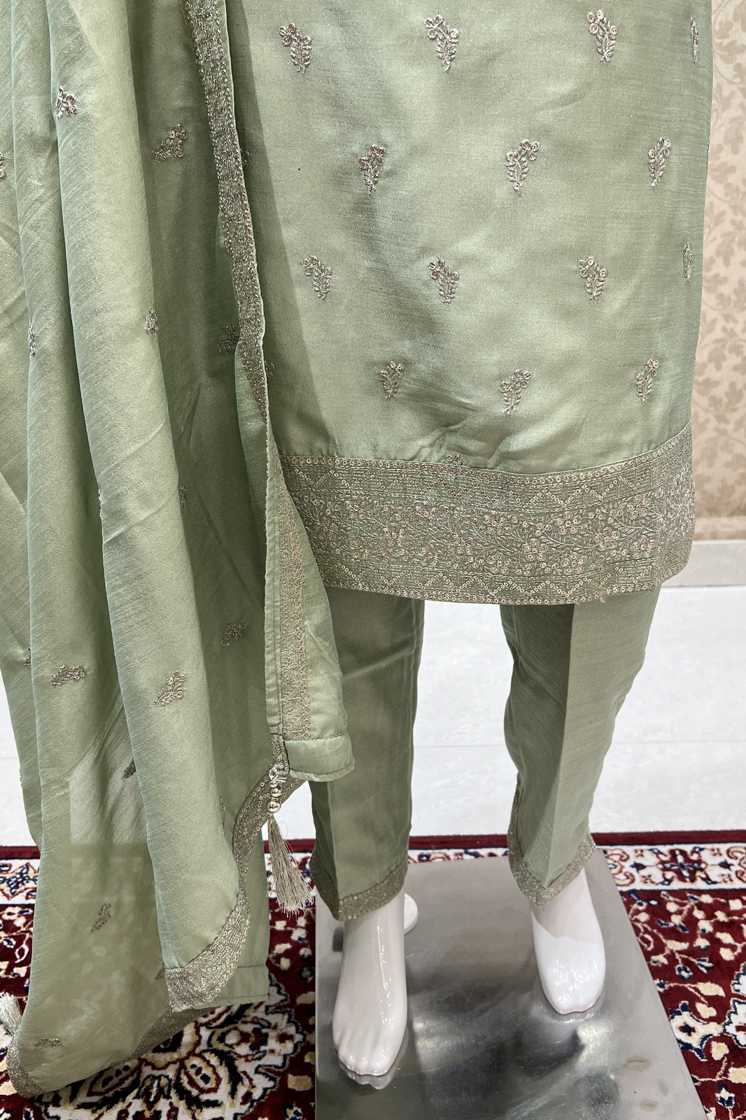 Pista Green Zari, Thread and Sequins work Straight Cut Salwar Suit