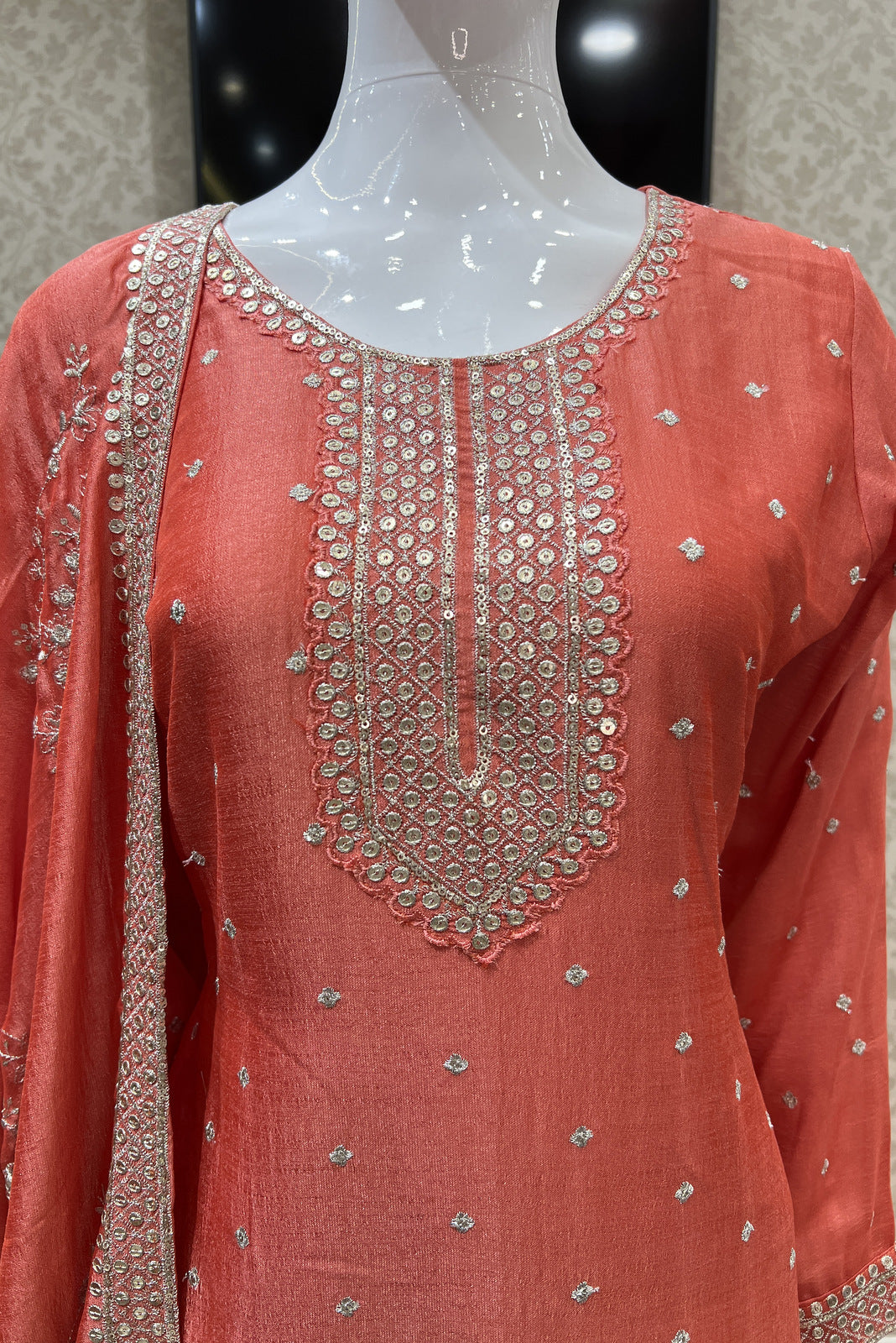 Orange Zari, Thread and Sequins work Straight Cut Salwar Suit