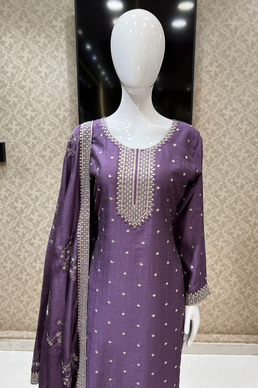 Purple Zari, Thread and Sequins work Straight Cut Salwar Suit