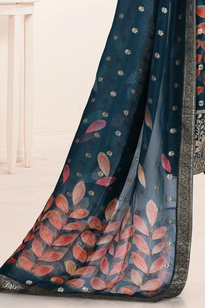 Peacock Blue Banaras work with Digital Print Straight Cut Salwar Suit - Seasons Chennai