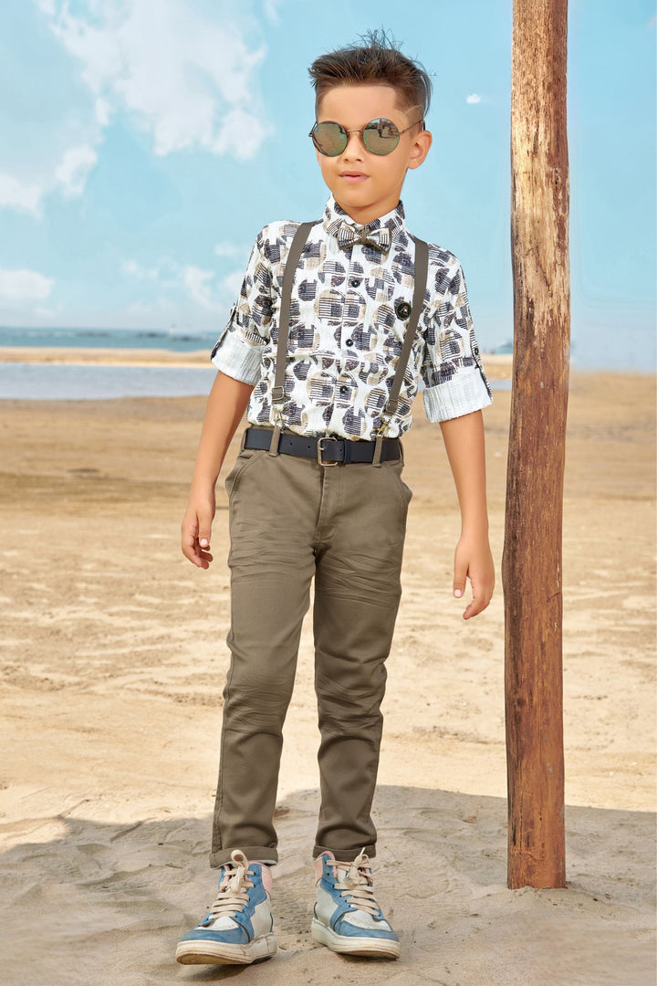 Cream Printed with Beige Suspender Style Pant Shirt Set for Boys with Bow and Belt