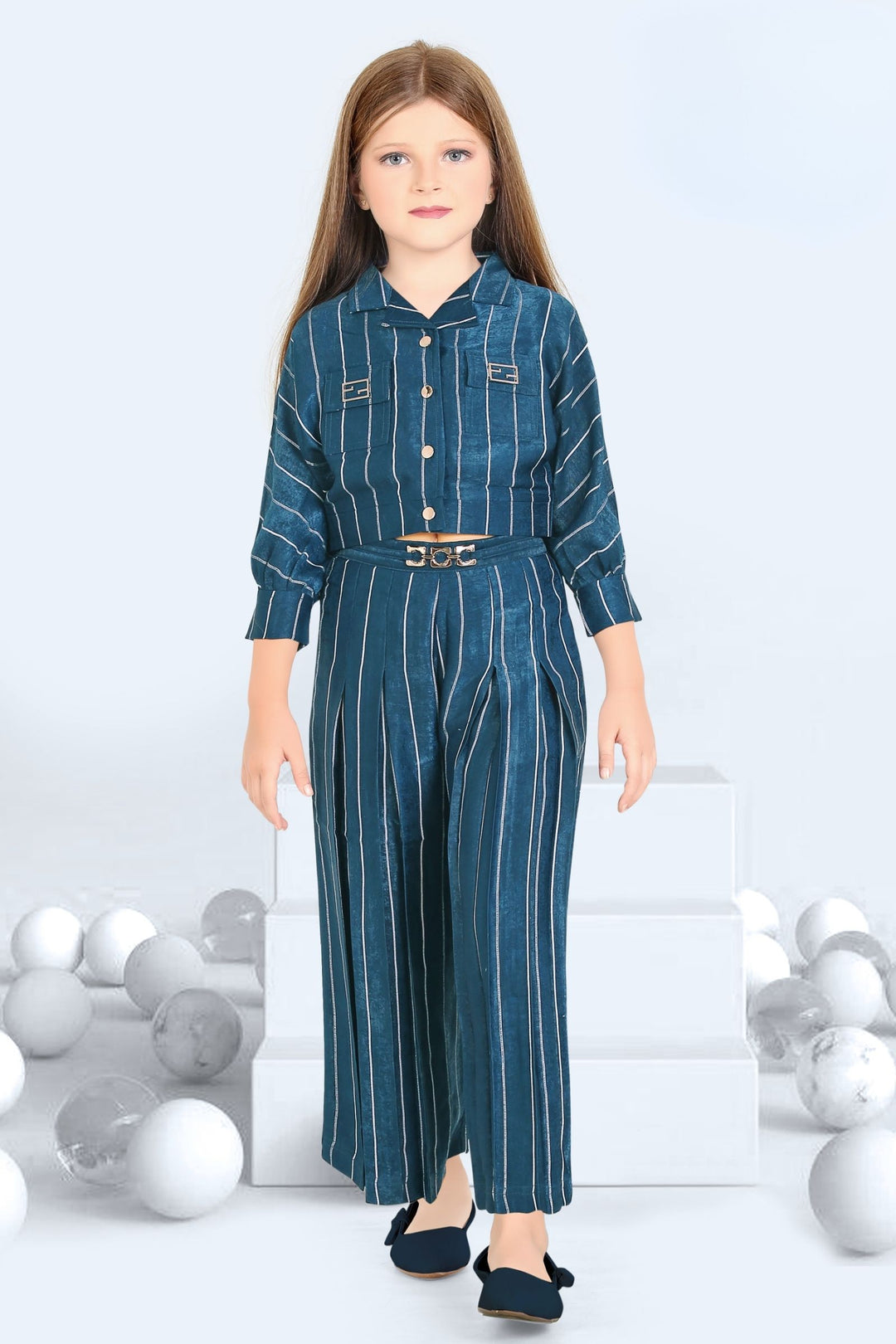 Navy Blue Kaftan Top with Palazzo Set for Girls