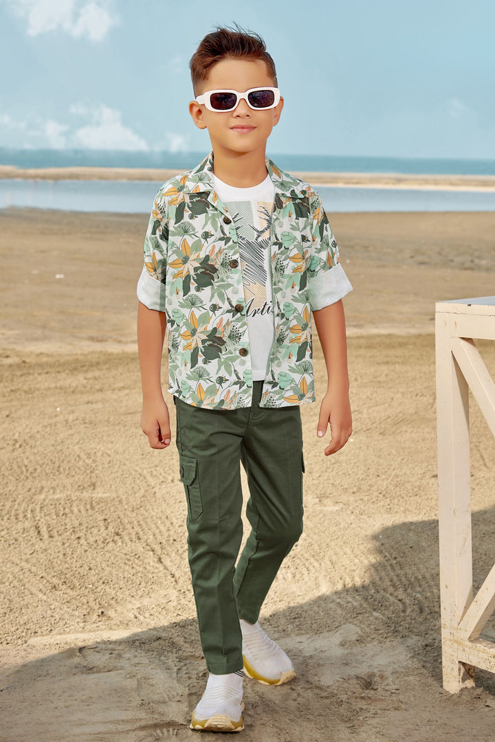 Olive Green with White Printed Blazer, T-Shirt and Pant Set for Boys with Belt