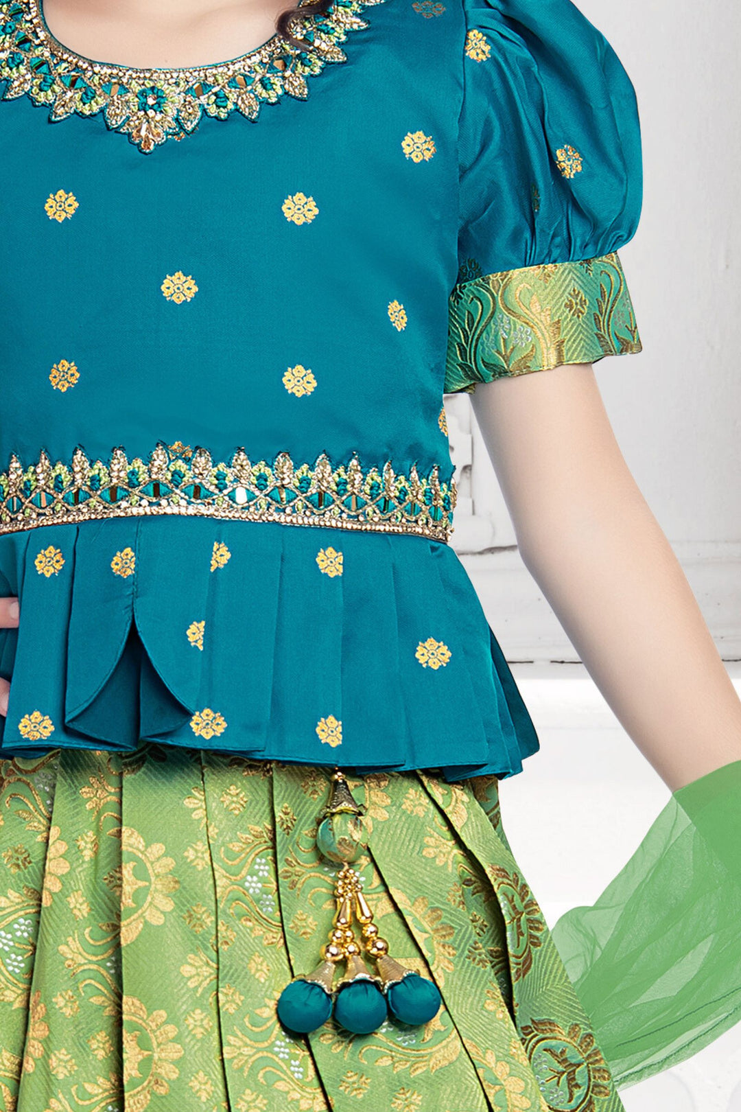 Rama Blue with Green Banaras, Stone, Beads and Thread work Lehenga Choli for Girls