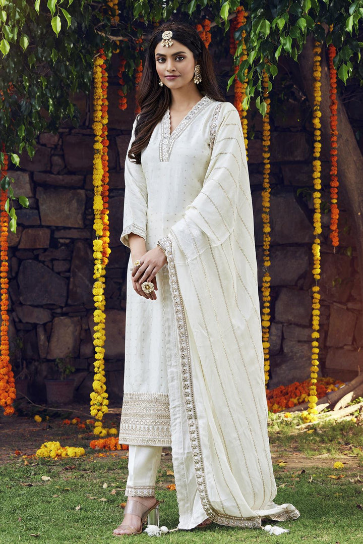 Cream Zari and Sequins work Straight Cut Salwar Suit - Seasons Chennai