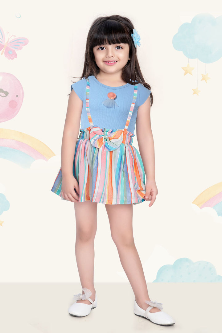 Sky Blue with Multicolor Dungaree Set for Girls