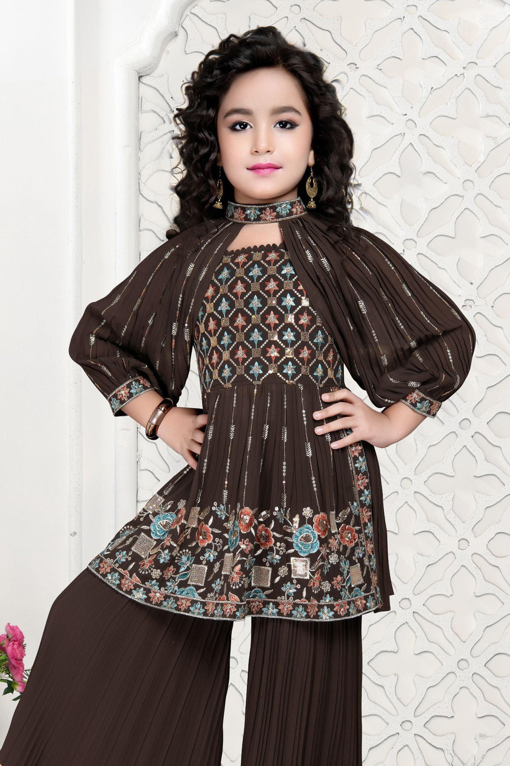 Brown Multicolor Embroidery and Sequins work Peplum Top and Sharara Set for Girls - Seasons Chennai