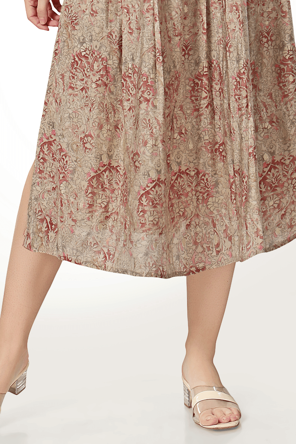 Beige Sequins and Thread work with Digital Print Anarkali Styled Calf Length Kurti - Seasons Chennai