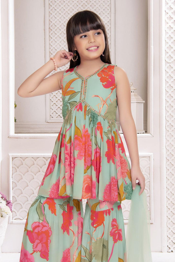 Aqua Green Floral Print Alia Cut Peplum Top and Sharara Set for Girls - Seasons Chennai