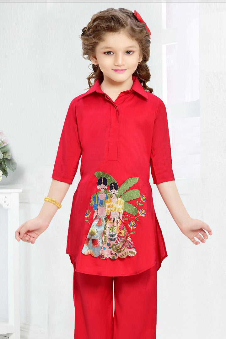 Red Embroidery and Zari work Co-ord Set for Girls - Seasons Chennai
