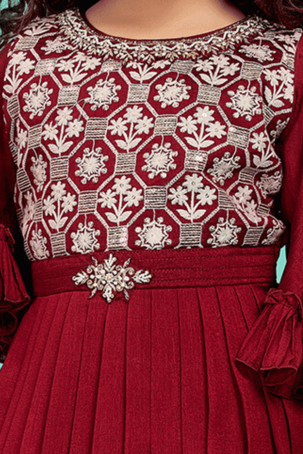 Maroon Embroidery, Sequins, Stone, Pearl and Zardozi work Long Party Gown for Girls - Seasons Chennai