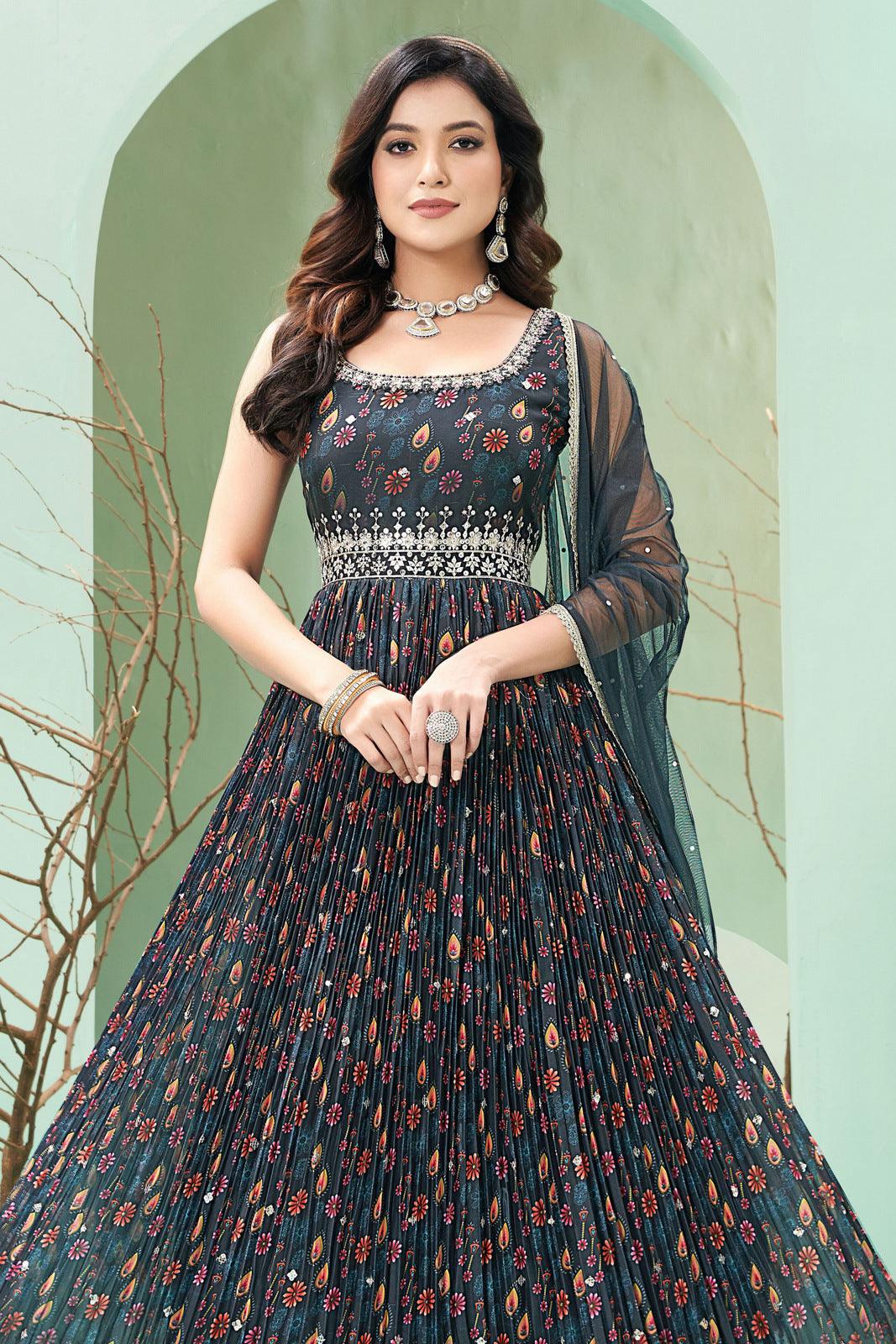 Dark Blue Digital Print, Sequins and Zari work Floor Length Anarkali Suit - Seasons Chennai