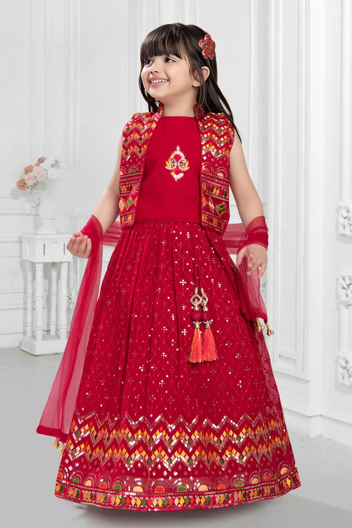 Red Multicolor Embroidery work Overcoat Styled Lehenga Choli for Girls