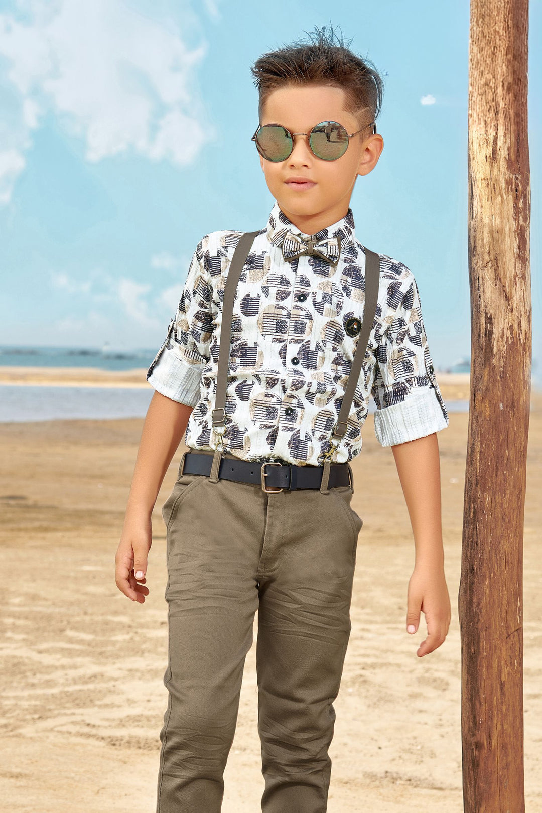 Cream Printed with Beige Suspender Style Pant Shirt Set for Boys with Bow and Belt