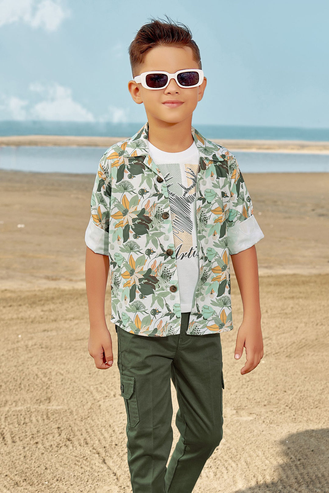 Olive Green with White Printed Blazer, T-Shirt and Pant Set for Boys with Belt