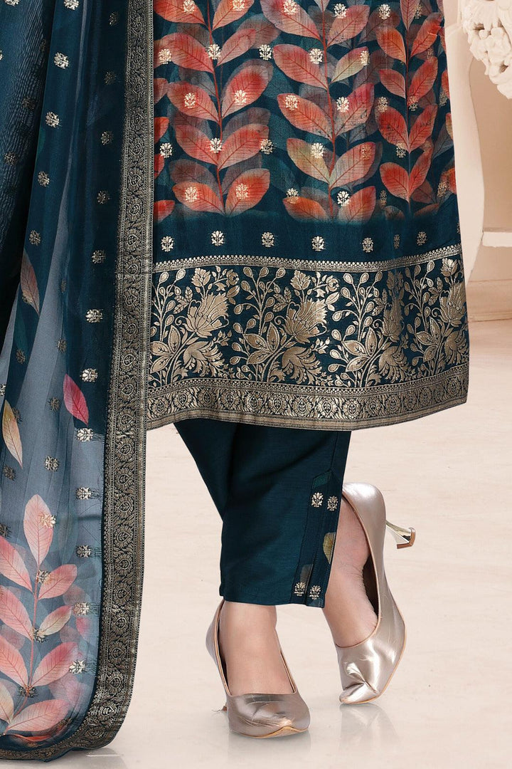 Peacock Blue Banaras work with Digital Print Straight Cut Salwar Suit - Seasons Chennai