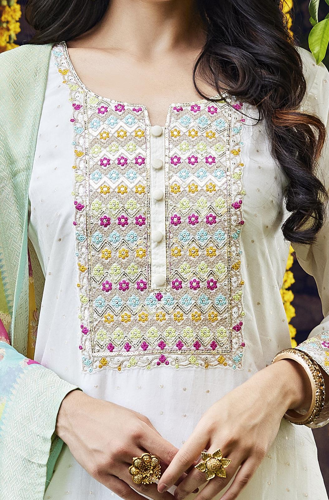 Half White Multicolor Thread, Zari and Sequins work Straight Cut Salwar Suit - Seasons Chennai