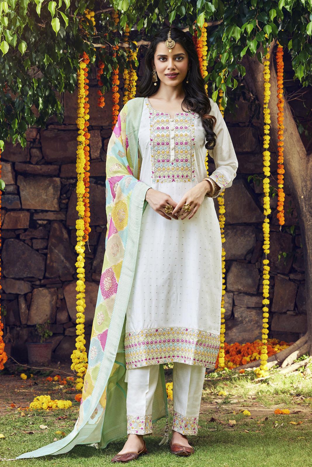 Half White Multicolor Thread, Zari and Sequins work Straight Cut Salwar Suit - Seasons Chennai