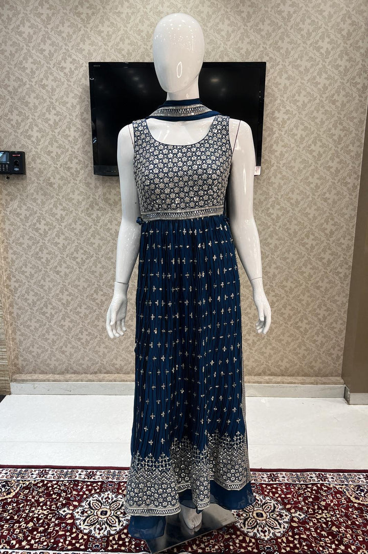 Peacock Blue Silver Zari and Sequins work Salwar Suit with Palazzo Pants - Seasons Chennai