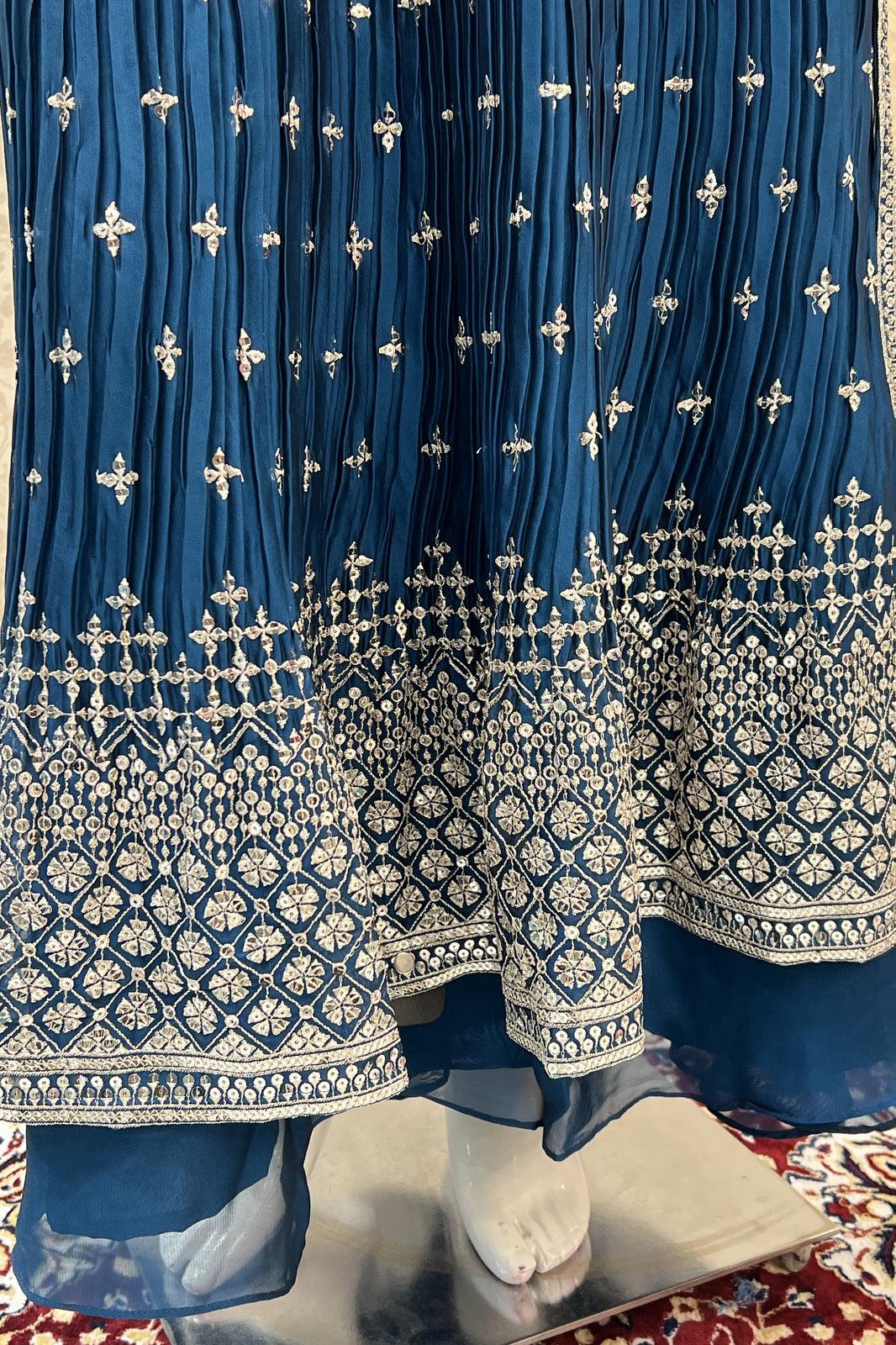 Peacock Blue Silver Zari and Sequins work Salwar Suit with Palazzo Pants - Seasons Chennai