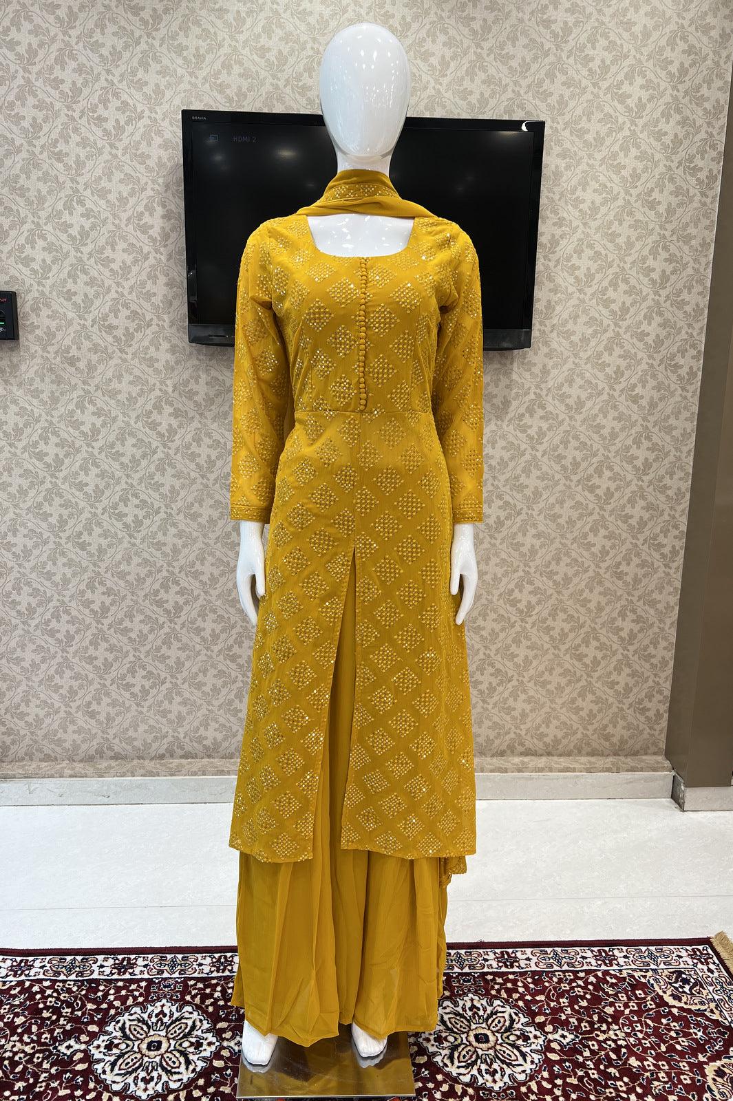 Mustard Sequins and Thread work Palazzo Suit Set - Seasons Chennai