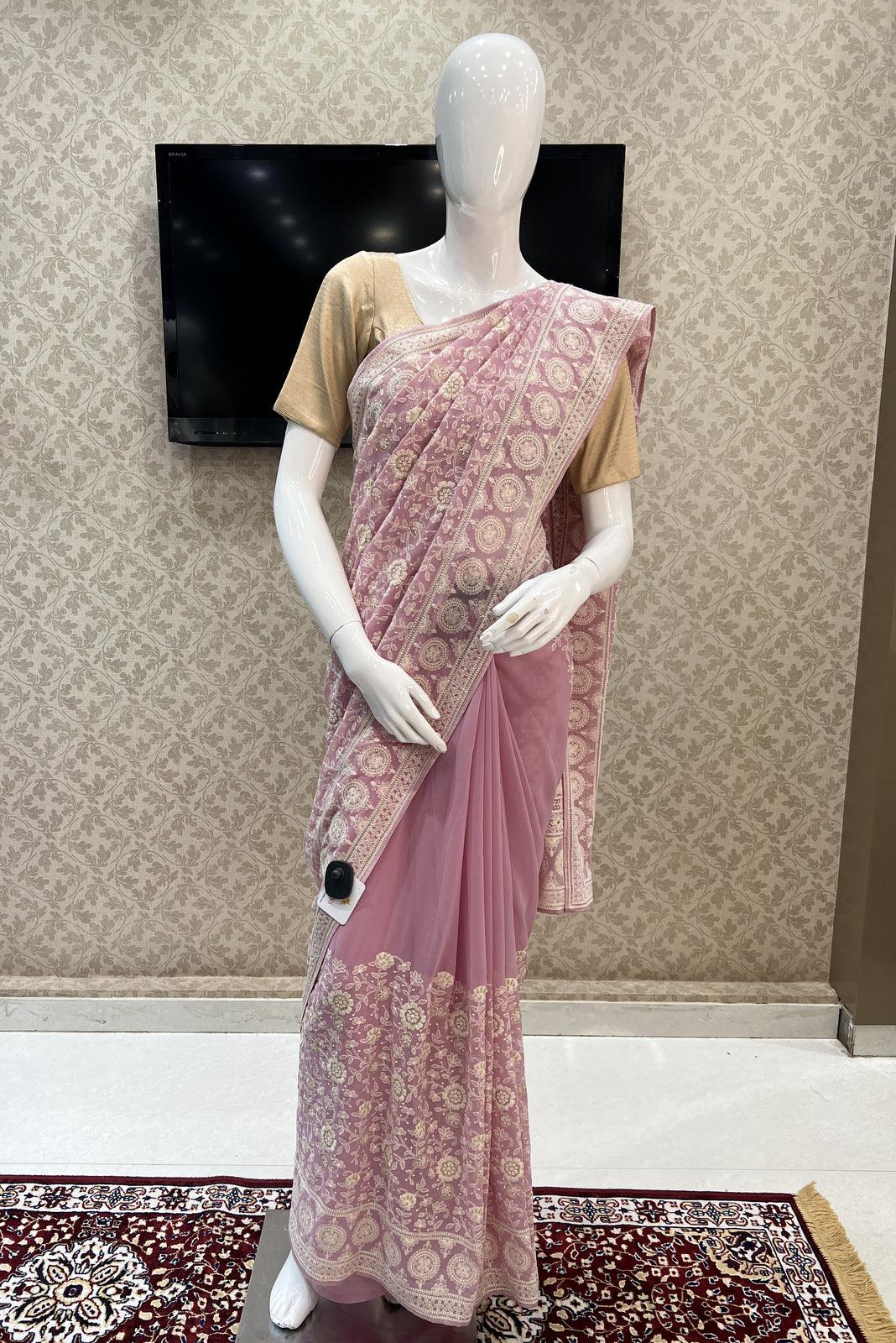 Pink Embroidery, Sequins and Stone work Saree and Matching Unstitched Blouse - Seasons Chennai