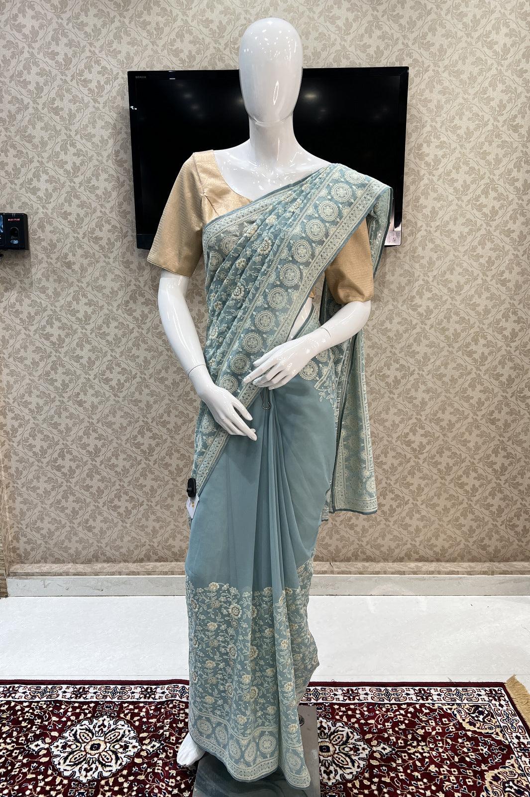 Pale Blue Embroidery, Sequins and Stone work Saree and Matching Unstitched Blouse - Seasons Chennai