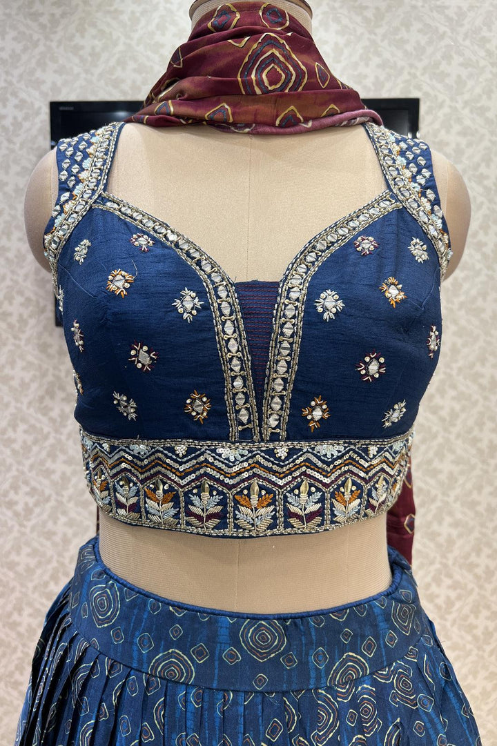 Teal Blue Sequins, Mirror and Zardozi work with Digital Print Crop Top Lehenga - Seasons Chennai
