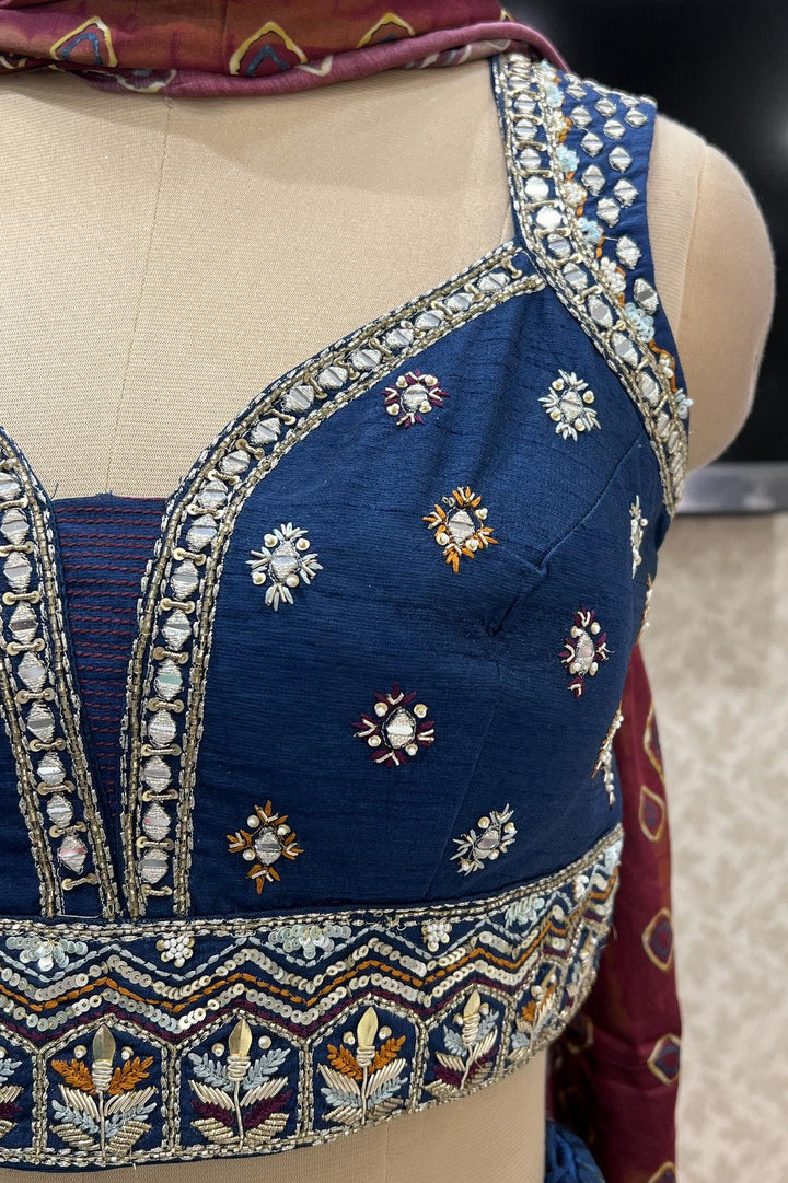 Teal Blue Sequins, Mirror and Zardozi work with Digital Print Crop Top Lehenga - Seasons Chennai
