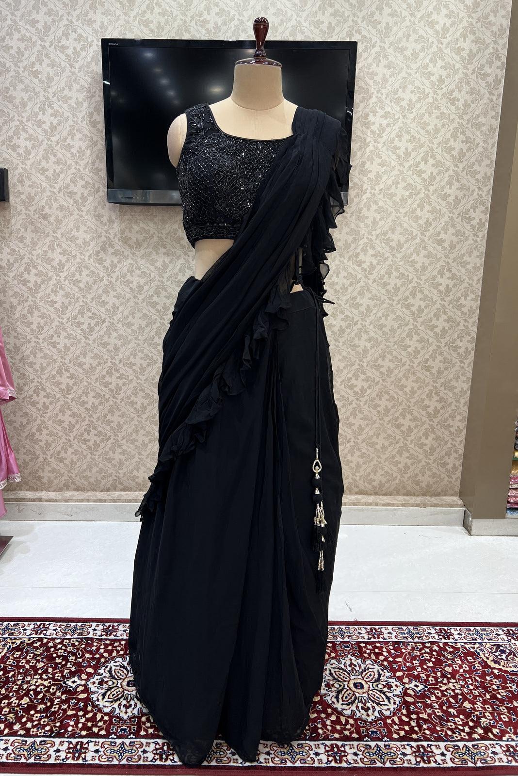 Black Beads, Pearl and Sequins work Crop Top Lehenga with Attached Dupatta - Seasons Chennai