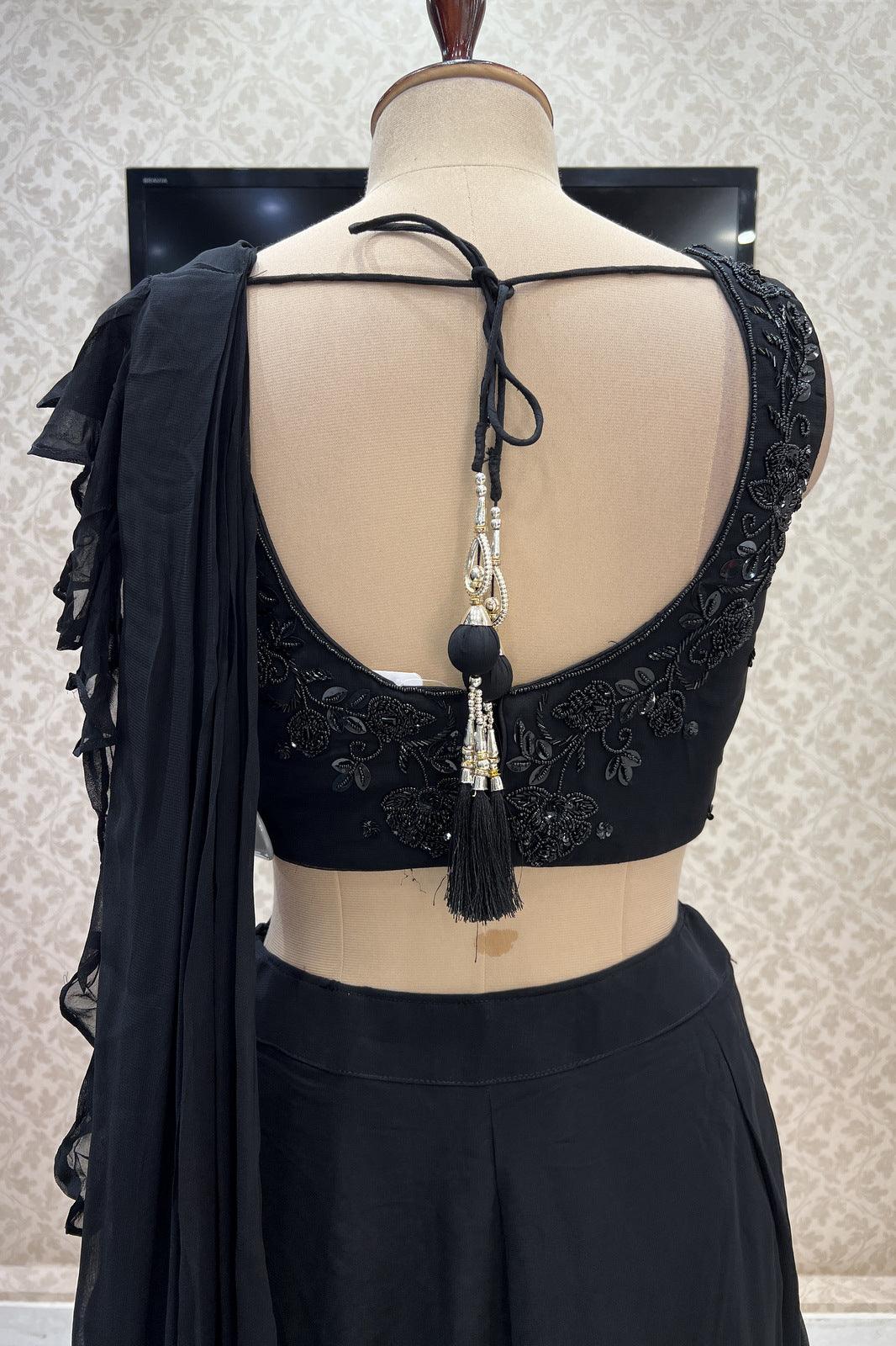 Black Beads, Pearl and Sequins work Crop Top Lehenga with Attached Dupatta - Seasons Chennai