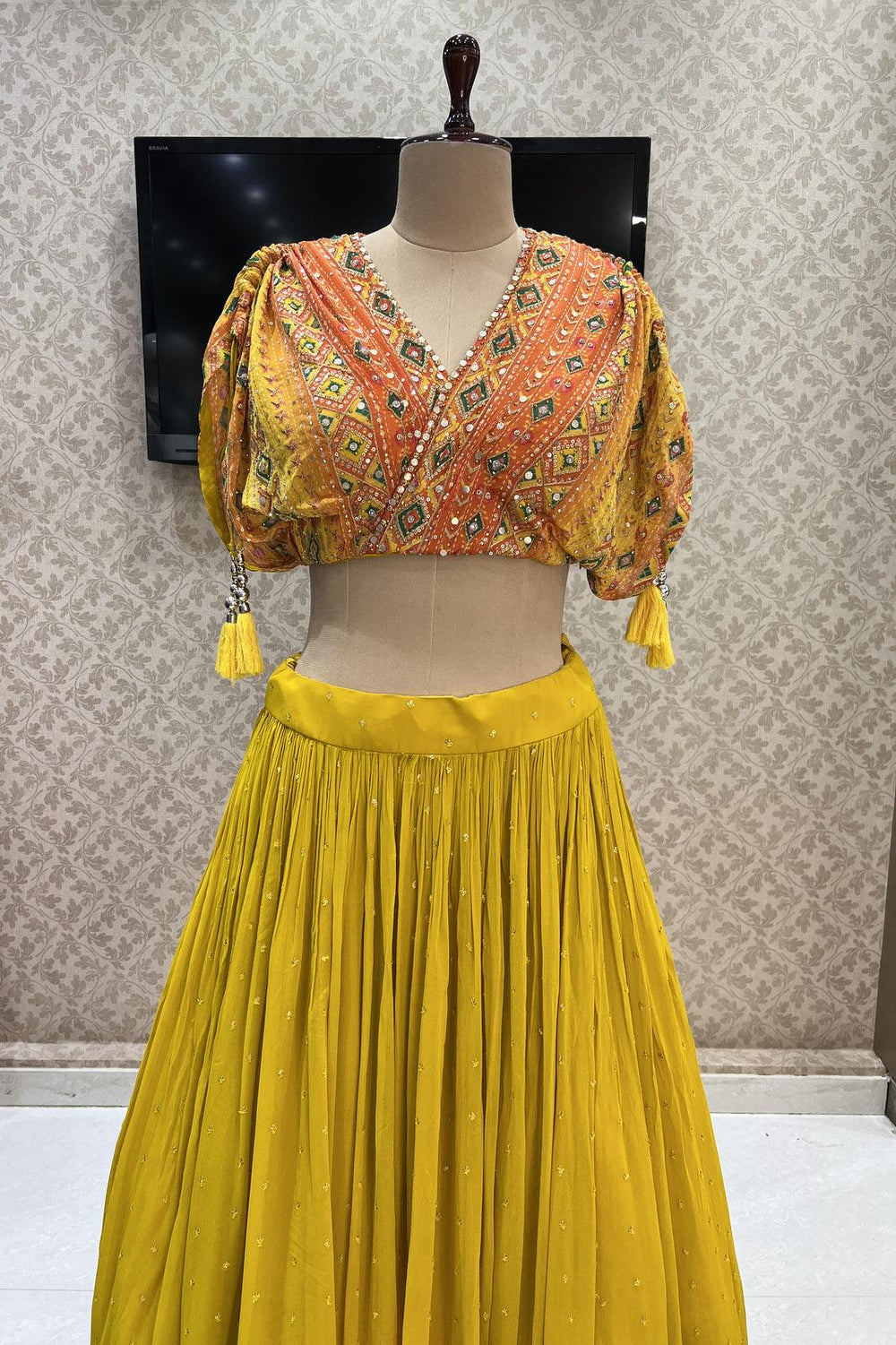 Yellow Sequins, Thread and Zari work with Bandini Print Poncho Styled Crop Top Lehenga - Seasons Chennai