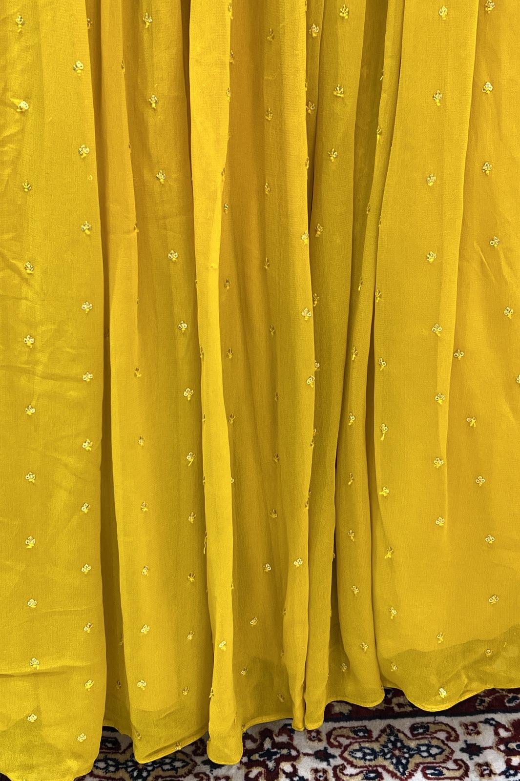 Yellow Sequins, Thread and Zari work with Bandini Print Poncho Styled Crop Top Lehenga - Seasons Chennai