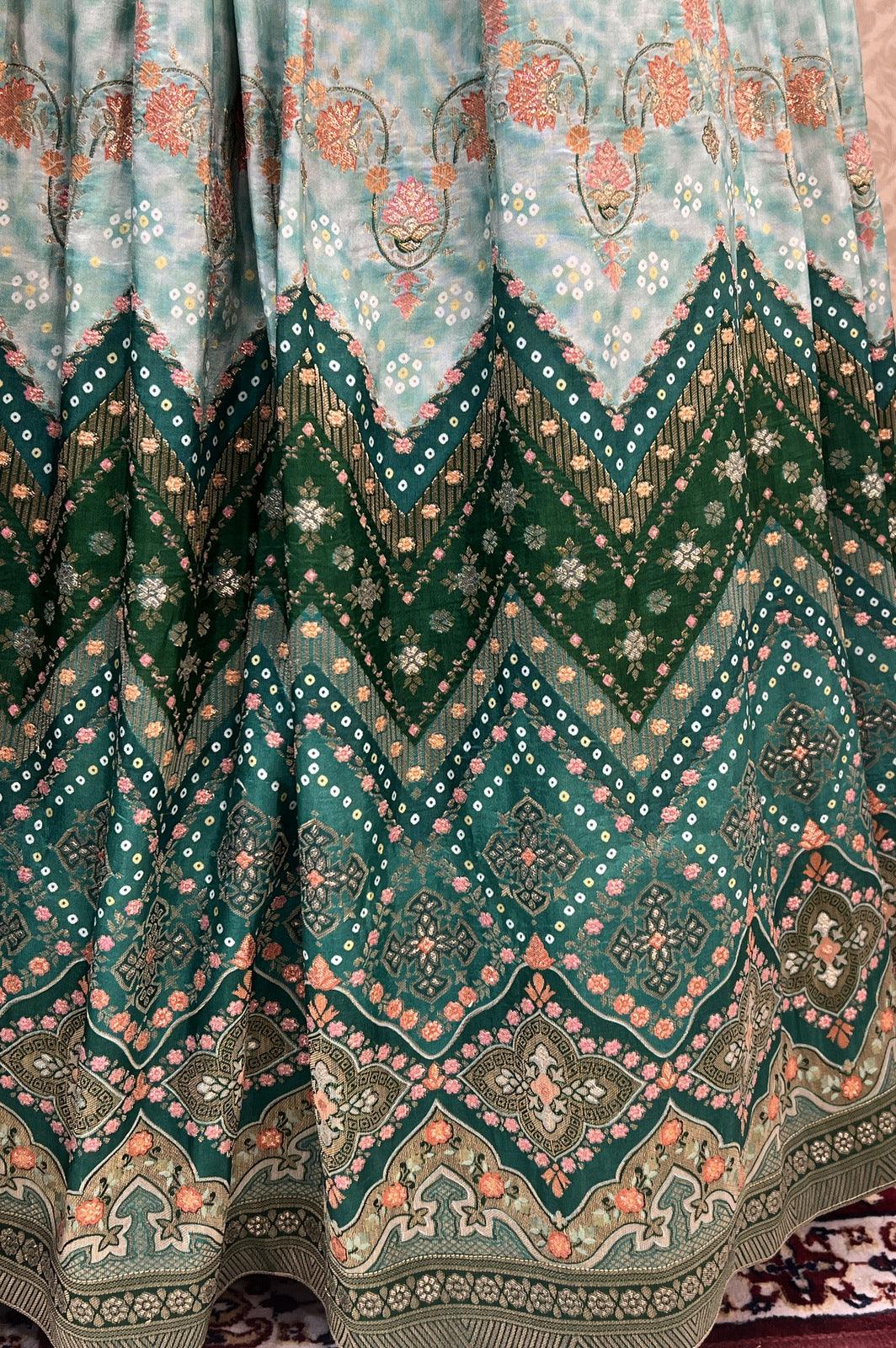 Sea Green Banaras, Sequins, Thread and Zari work with Bandini Print Poncho Styled Crop Top Lehenga - Seasons Chennai