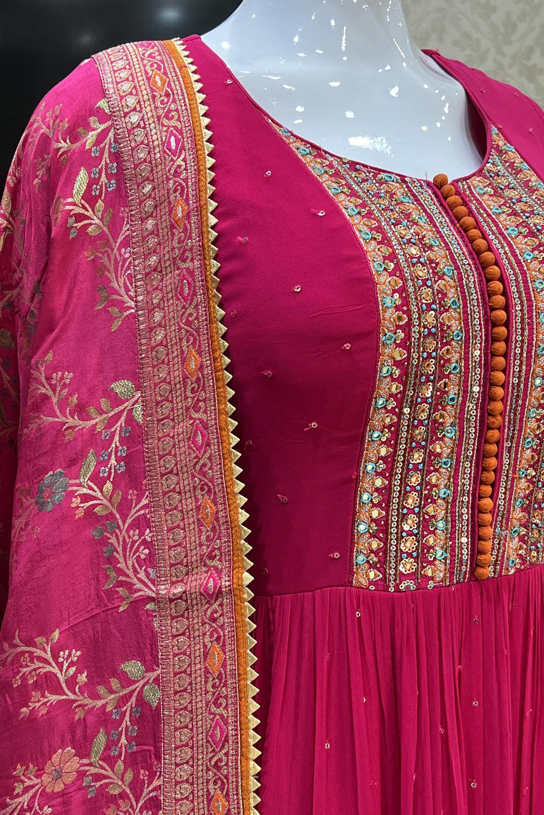 Pink Mirror, Sequins and Beads work Floor Length Anarkali Suit - Seasons Chennai