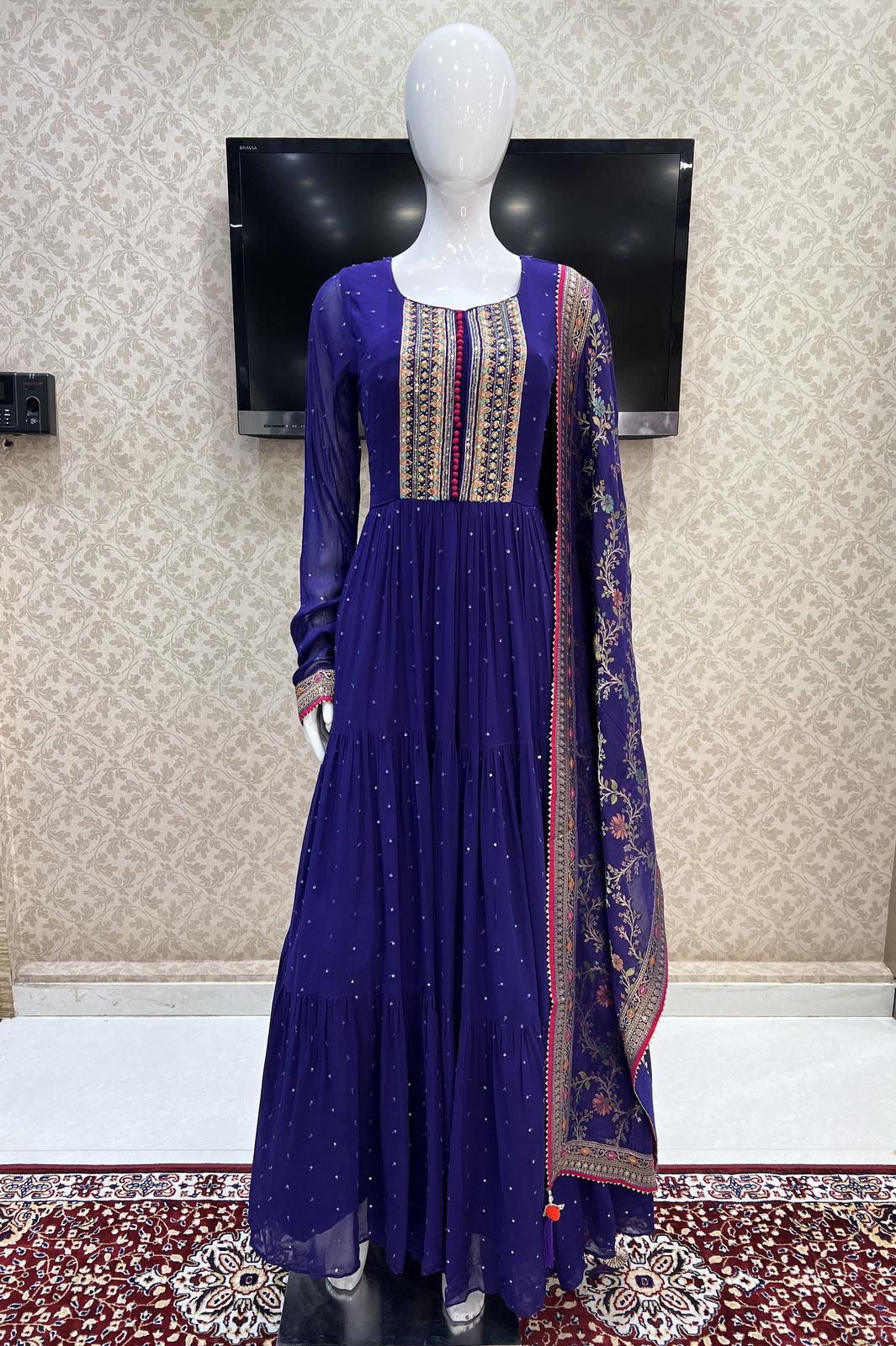 Purple Mirror, Sequins and Beads work Floor Length Anarkali Suit - Seasons Chennai