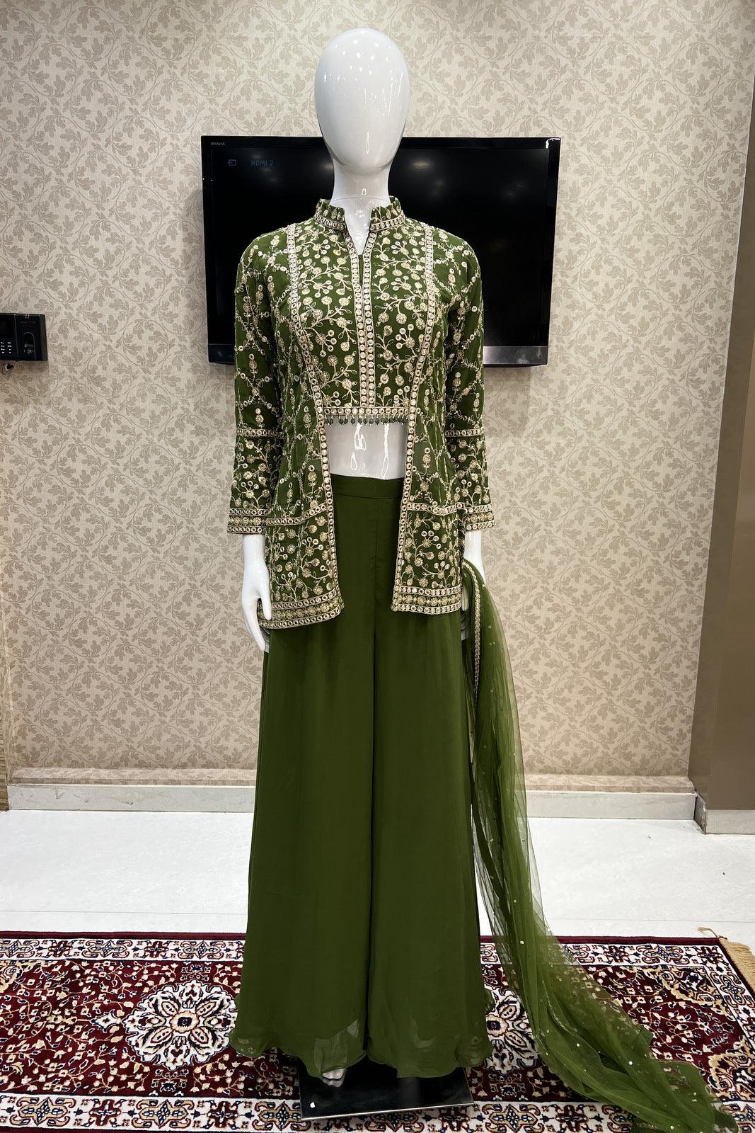Green Sequins and Zari work Peplum Top with Palazzo Suit Set - Seasons Chennai