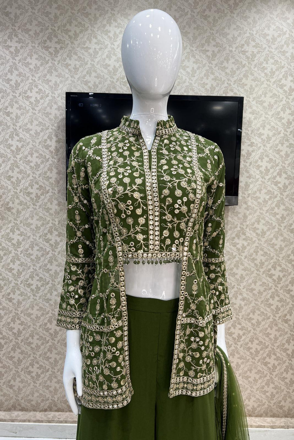 Green Sequins and Zari work Peplum Top with Palazzo Suit Set - Seasons Chennai