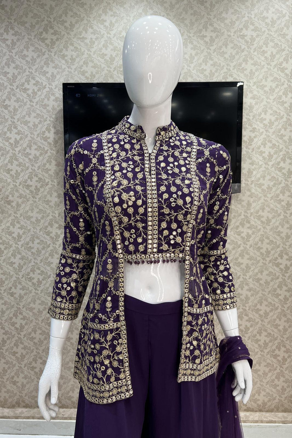 Purple Sequins and Zari work Peplum Top with Palazzo Suit Set - Seasons Chennai