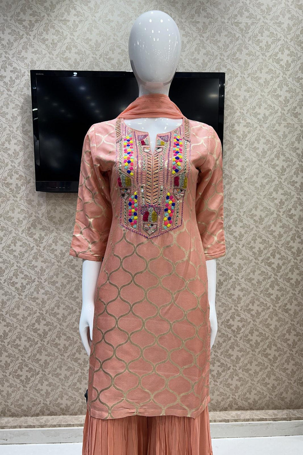 Peach Zari Weaving, Multicolor Thread and Mirror work Sharara Suit Set - Seasons Chennai